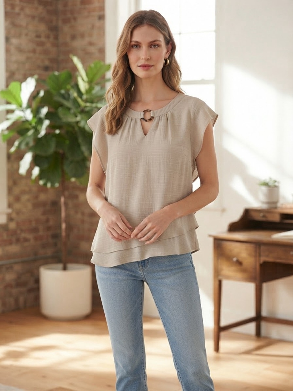 Apt. 9 Beige Sleeveless Blouse with Ring Neck Detail